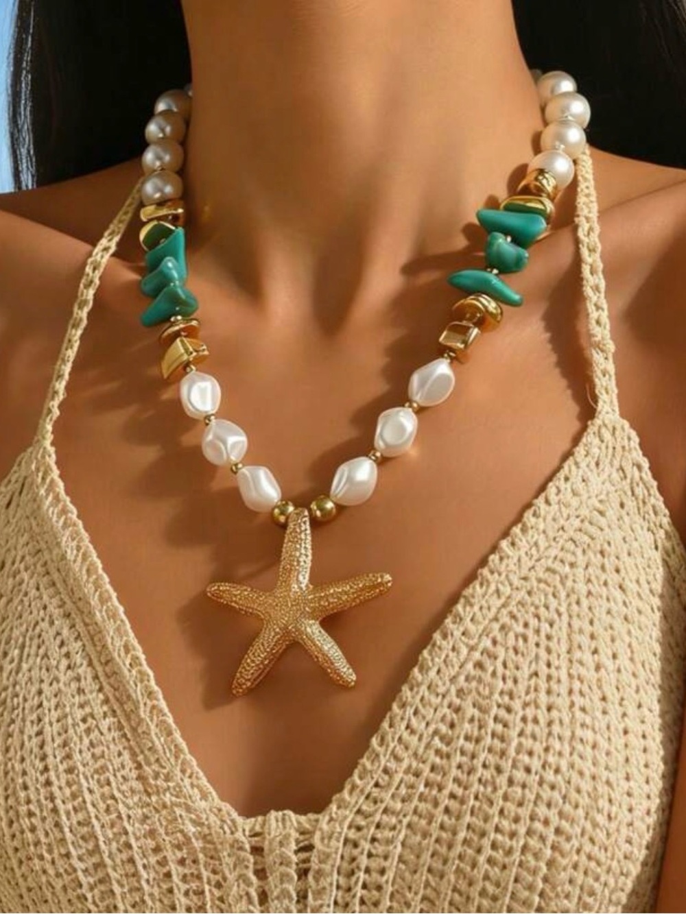 Gold Starfish Pearl Necklace